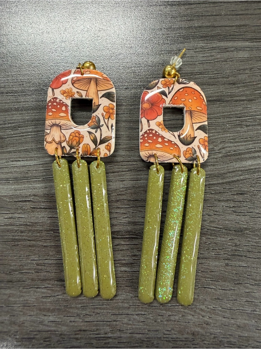 Handmade Mushroom Print Green Dangle Earrings